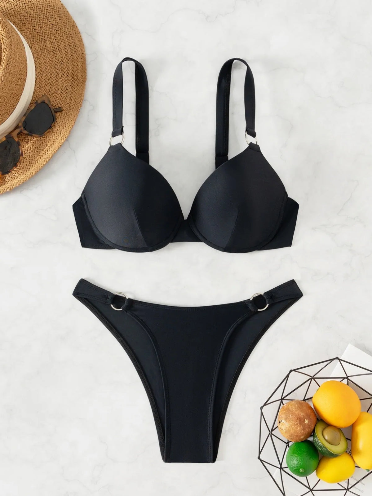 Women's black nylon two-piece bikini set in sizes S, M and L for swimming and wading