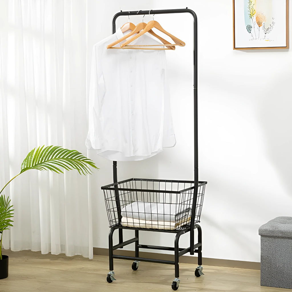 White iron single rod pulley storage car for hanging clothes hangers and racks