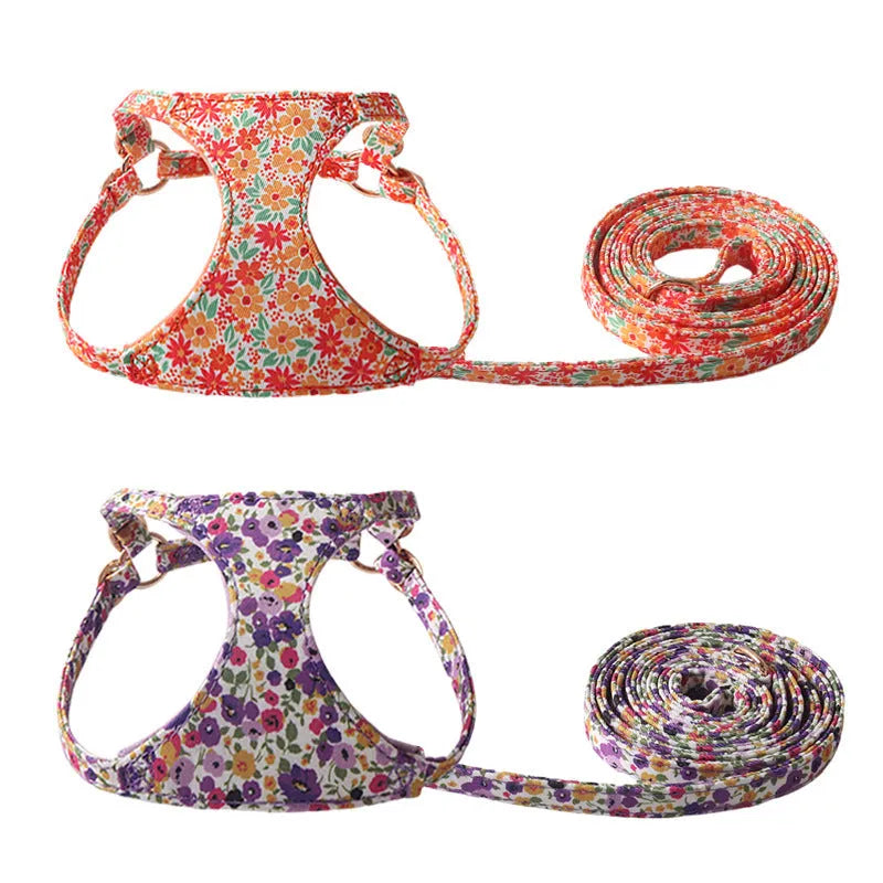 Floral pattern pet harness with matching leash in cloth material showing colour options and single chest back design