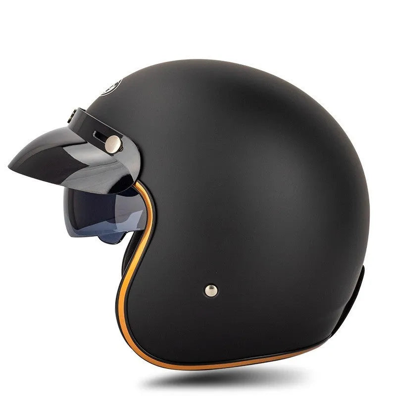 Retro outdoor half helmet for electric bike riding in ABS plastic, shown in multiple colours and sizes.