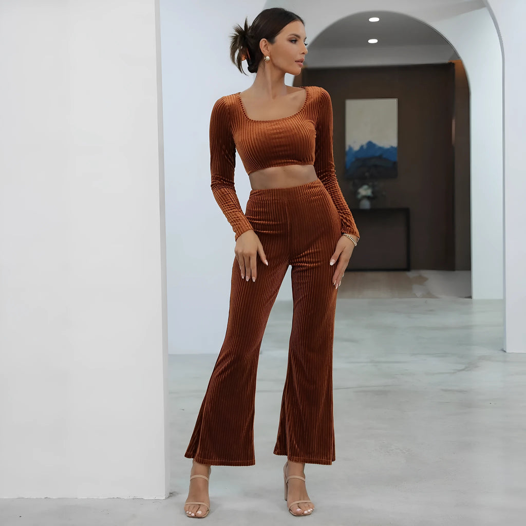 Caramel coloured long sleeve top and matching trousers laid flat, a casual two-piece sweater set.