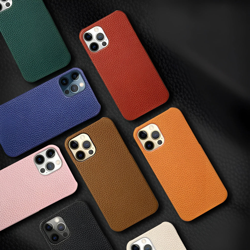 Genuine leather brown iPhone protective case showing half-coverage design on an iPhone.