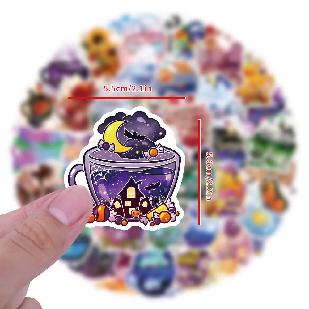Pack of 50 colourful tea cup graffiti waterproof stickers for DIY luggage and scooter customisation.