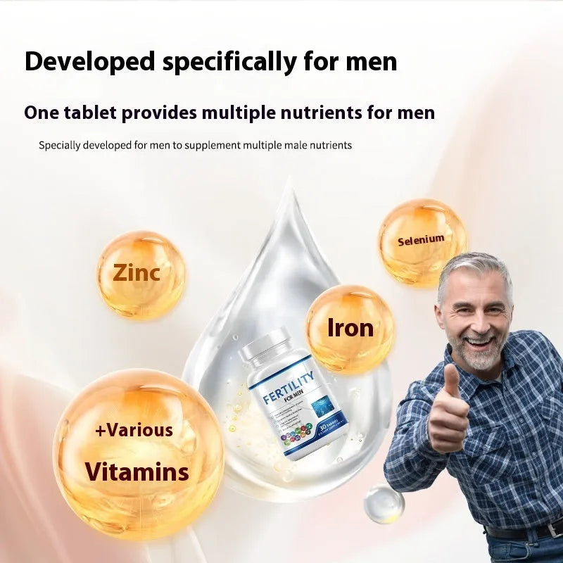 Sealed bottle of 60 male fertility supplement tablets with COMLEX vitamin mineral amino acids label