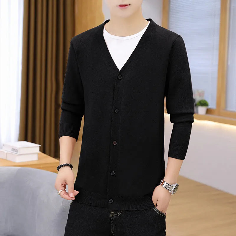 Men's thick slim fit cardigan knit jacket in beige, long sleeve, Korean style, sizes M to 5XL, polyester.