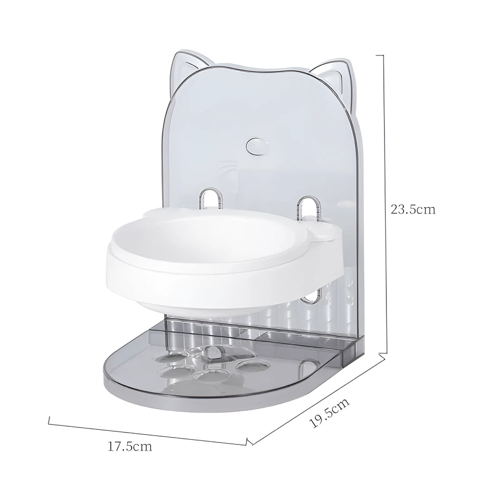 Grey cat feeding bowl with anti-spill design and adjustable height on removable hanging cage