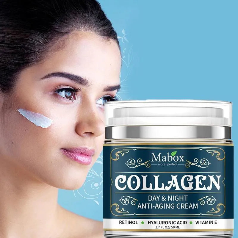 Blue jar of 50g Collagen Moisturizing Facial Cream with SPF10 for day and night use