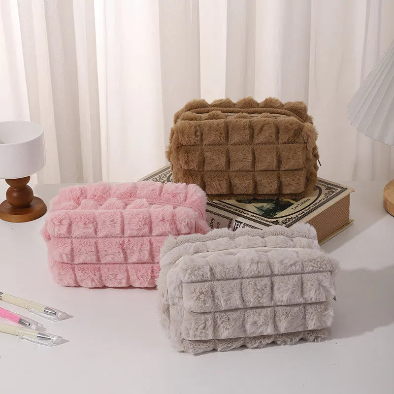 DIY plush Maillard-style student pencil case in beige colour with soft exterior