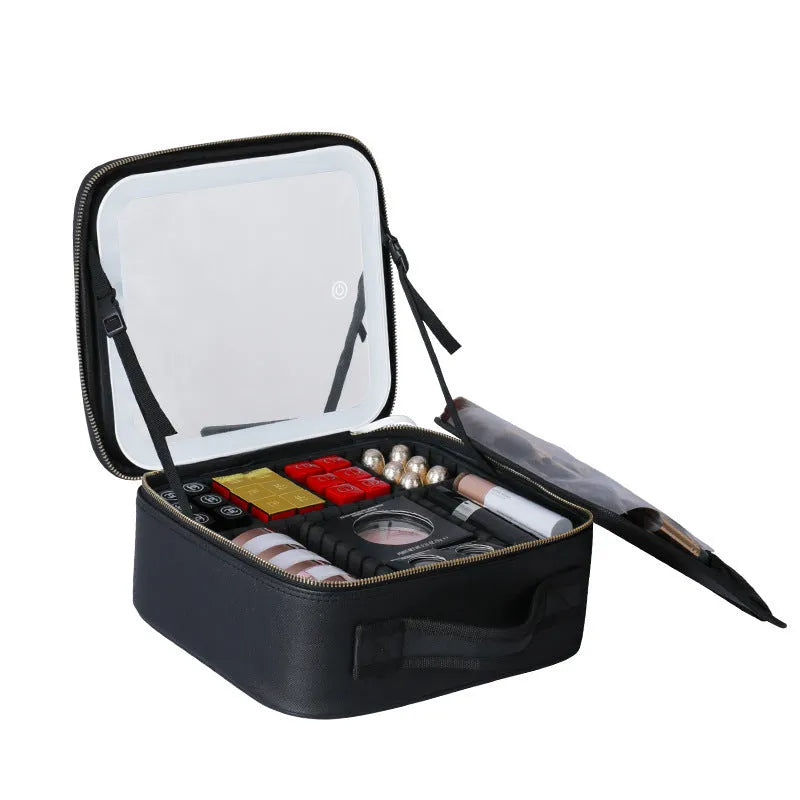 Large-capacity polyurethane leather cosmetics storage bag with LED lamp ring and mirror, 26x23x11cm