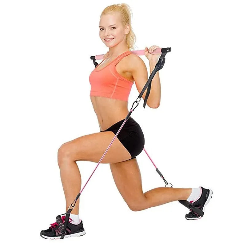 Women's adjustable TPE fitness stick set with 11 pieces in pink, purple and black colours showing 60lb to 180lb resistance options