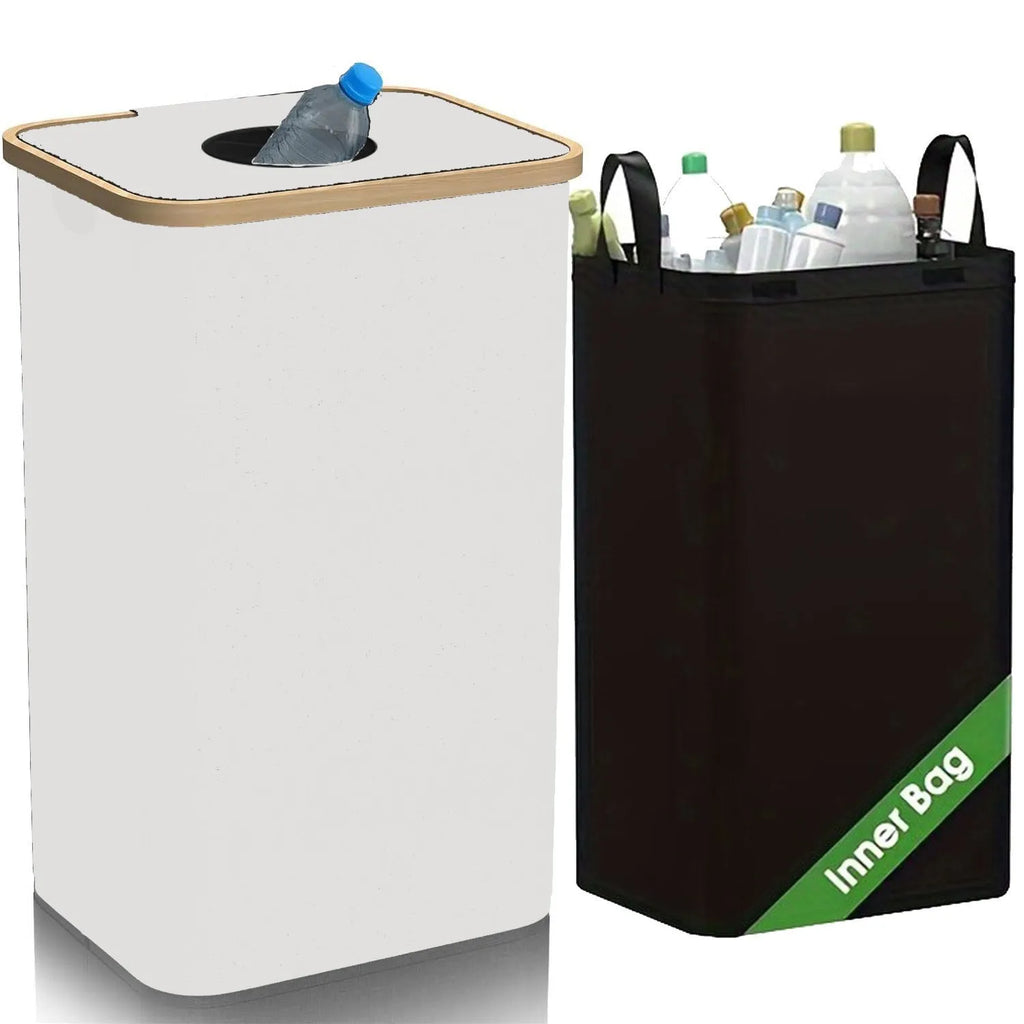 Black bamboo-style storage basket with removable lid and double inner pockets