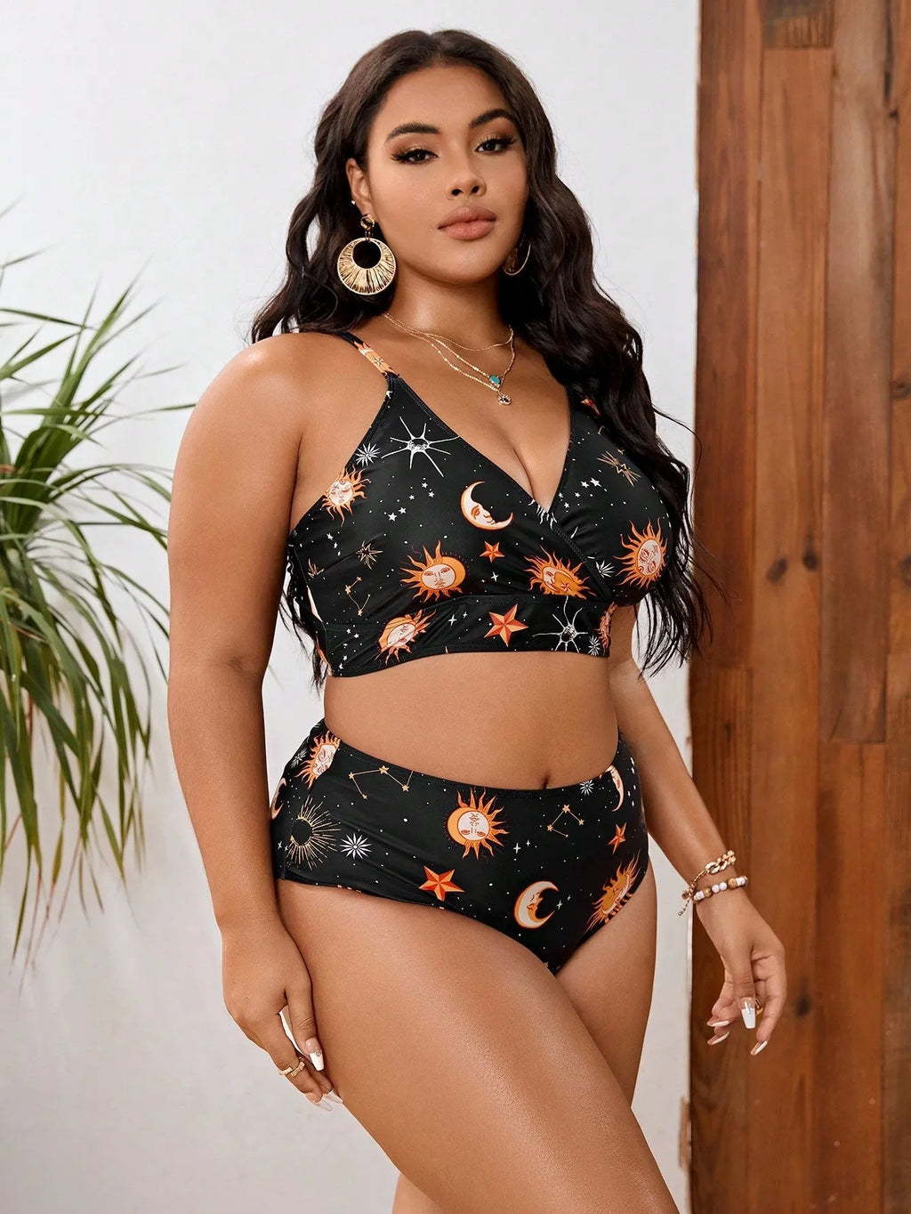 Women's split printed swimsuit in polyester spandex, sleeveless brief style, available in sizes L to 4XL