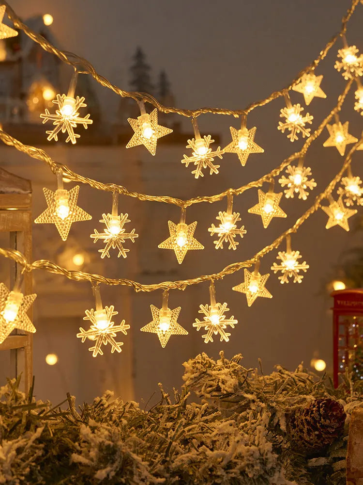 Snowflake string light garlands with PVC lights and remote control in warm white colour for Christmas tree decoration