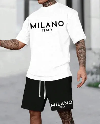 Men's casual two-piece suit set with round neck short sleeve t-shirt and matching shorts