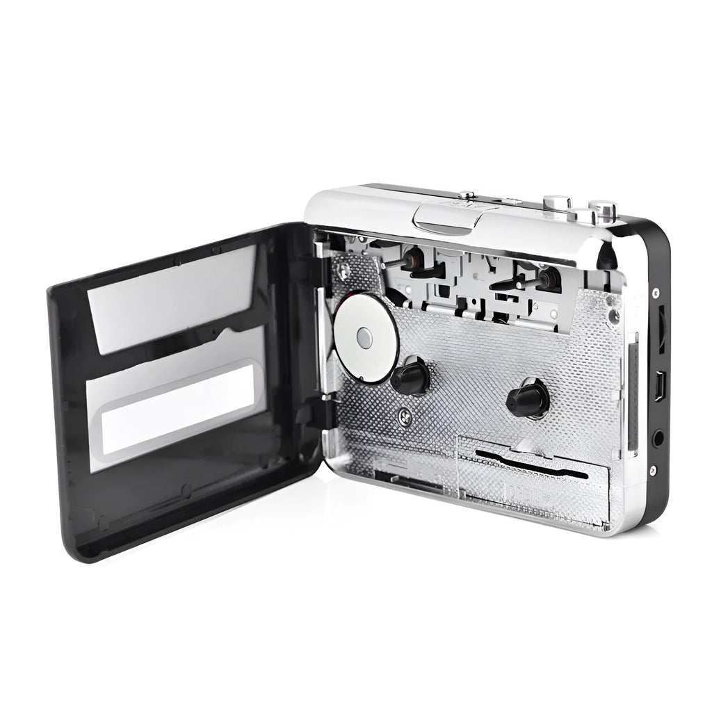 Silver USB cassette tape to MP3 digital converter unit with USB cable on a white background.