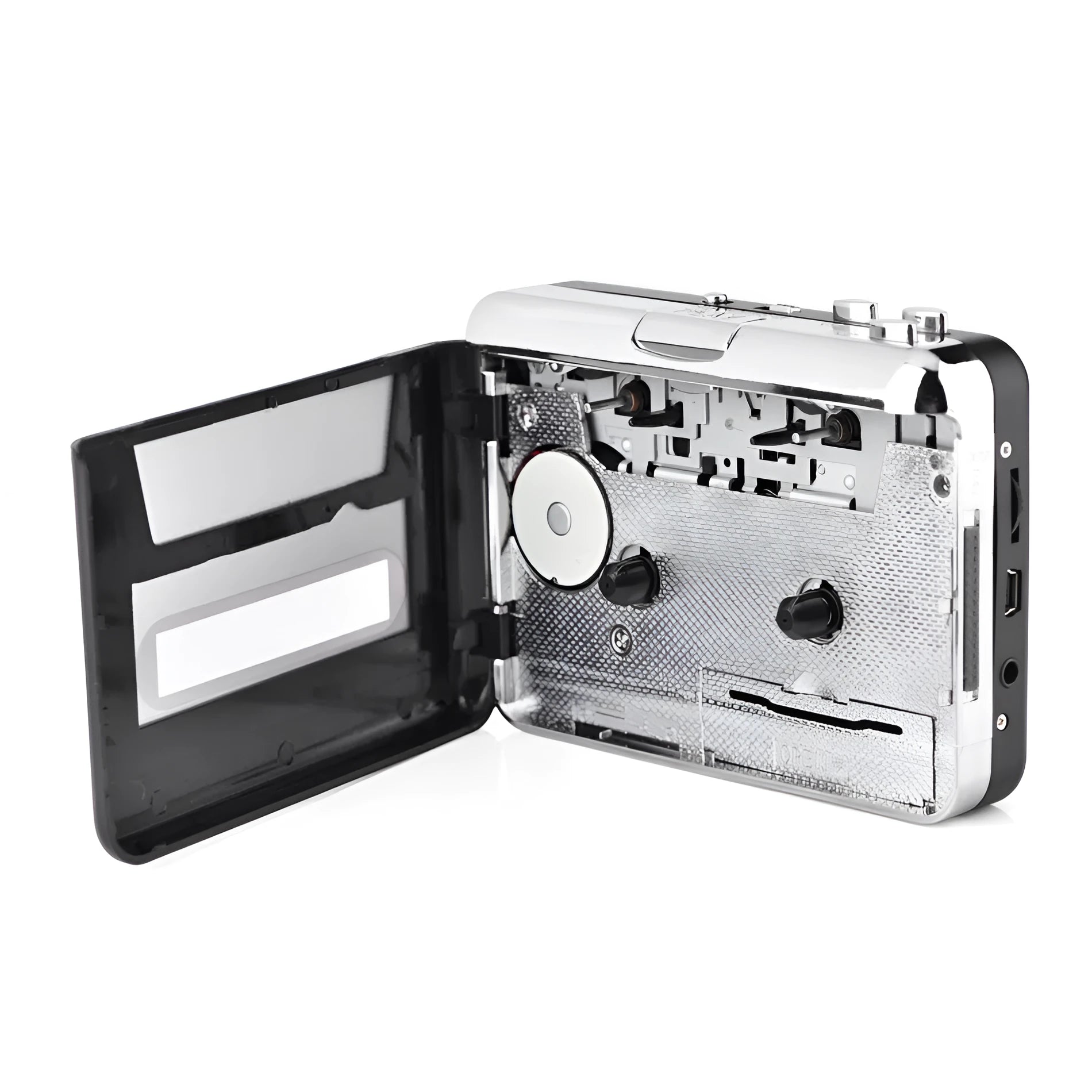 Silver USB cassette tape to MP3 digital converter unit with USB cable on a white background.