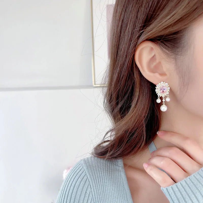 Oval geometric earrings with zircon inlay and pearl tassel drop in copper with colour options