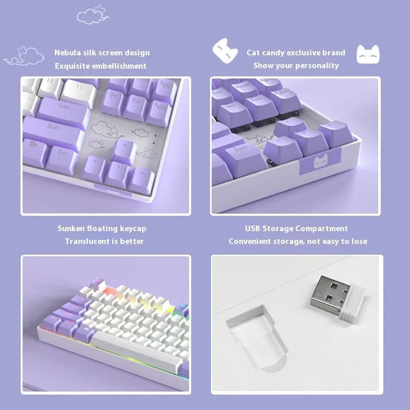 Wireless Bluetooth mechanical keyboard with metal board in blue or purple colour options