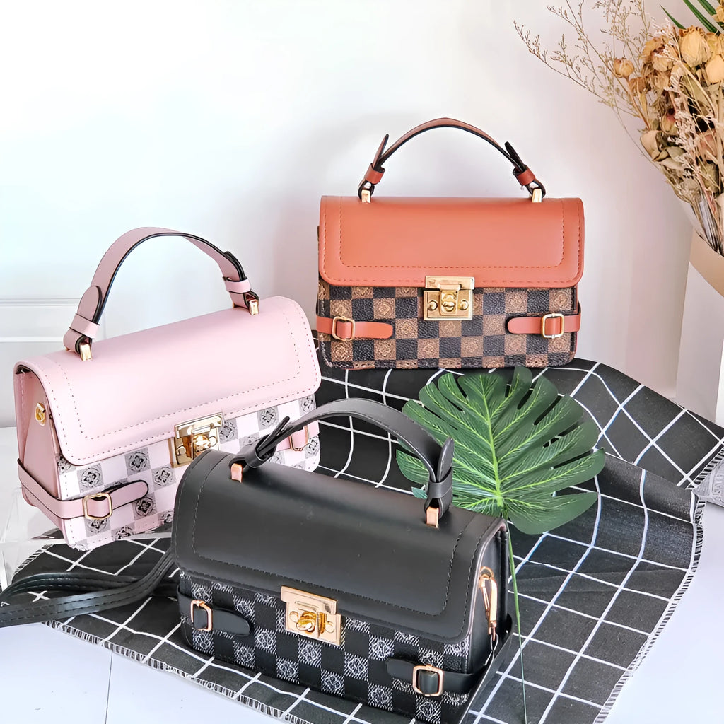 Retro small square PU leather crossbody bag with floral embroidery and plaid pattern in apricot colour.
