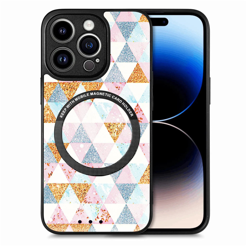 Magnetic suction iPhone case in two-in-one plastic and silicone, shown in Multicolour Block, Purple Scales, Rhombus Mandala, Emerald, Nordic Rhombus, Magic Space and Colourful Clouds
