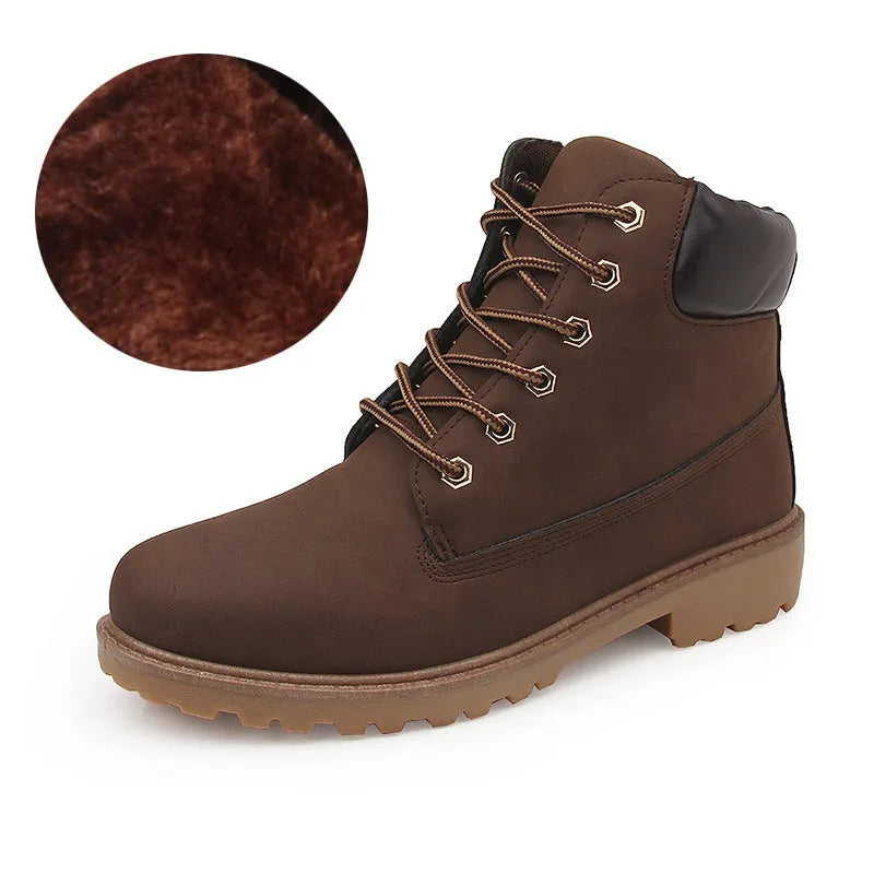 Pink men's high-top Martin boots with velvet lining, round toe, and flat sole on a white background.