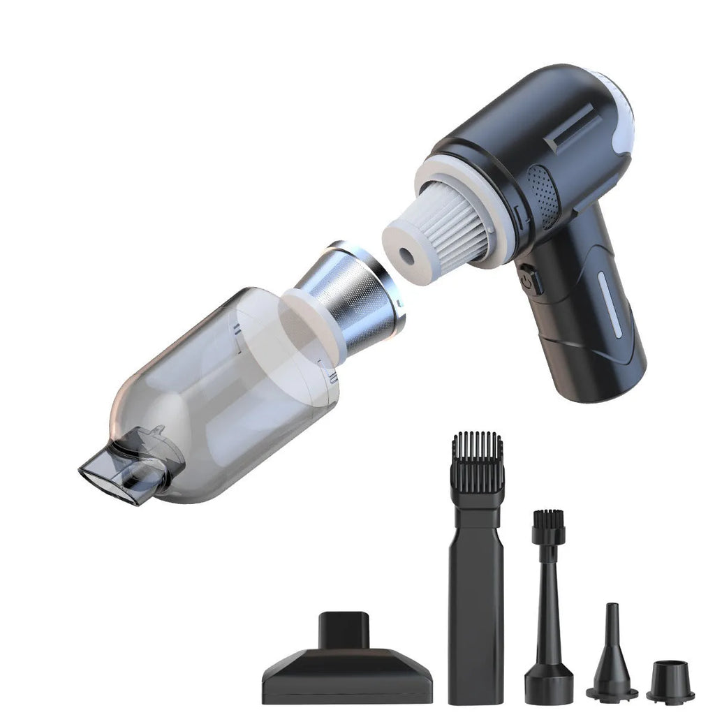 Handheld cordless pet hair vacuum cleaner with floor brush, flat nozzle, and brush attachment on a grey background.