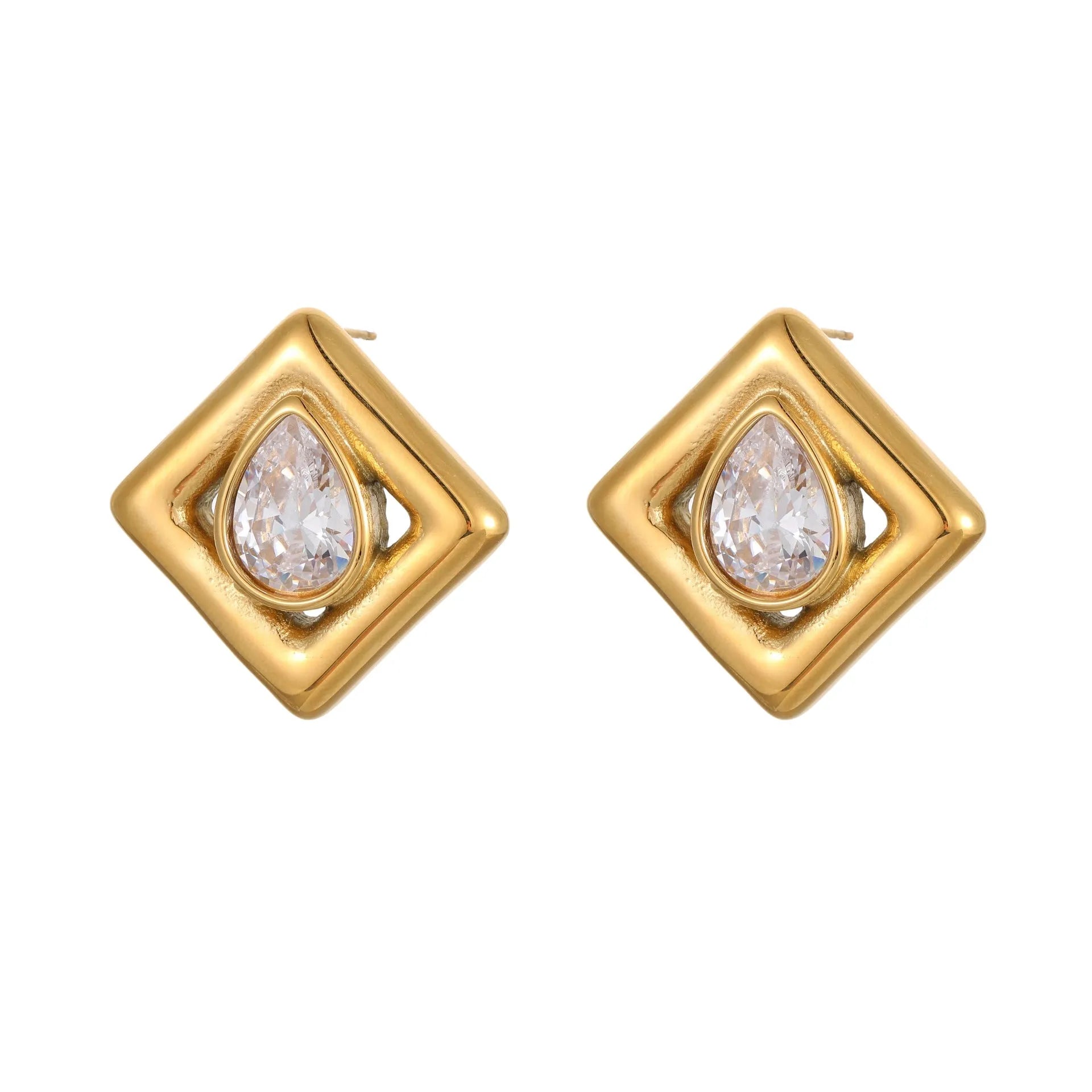 A pair of gold-coloured geometric stud earrings featuring an inlaid water drop zircon stone.