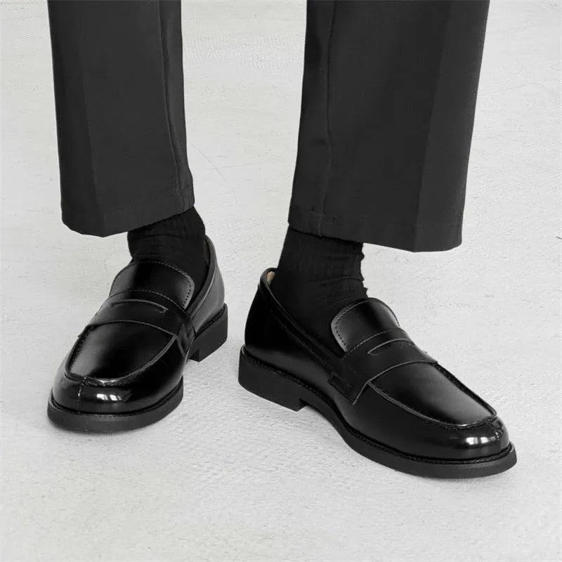 Men's black slip-on Derby leather shoes with a microfibre upper and rubber sole.