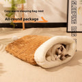 Flannel cat sleeping bag nest in pink Trojan design, measuring 50 by 40 centimetres.