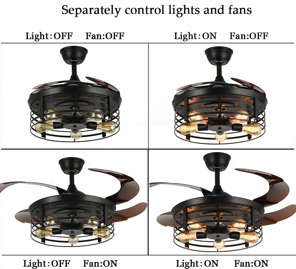 Industrial Wind American retro style ceiling fan lamp with acrylic blades and integrated light shade, remote control on side.