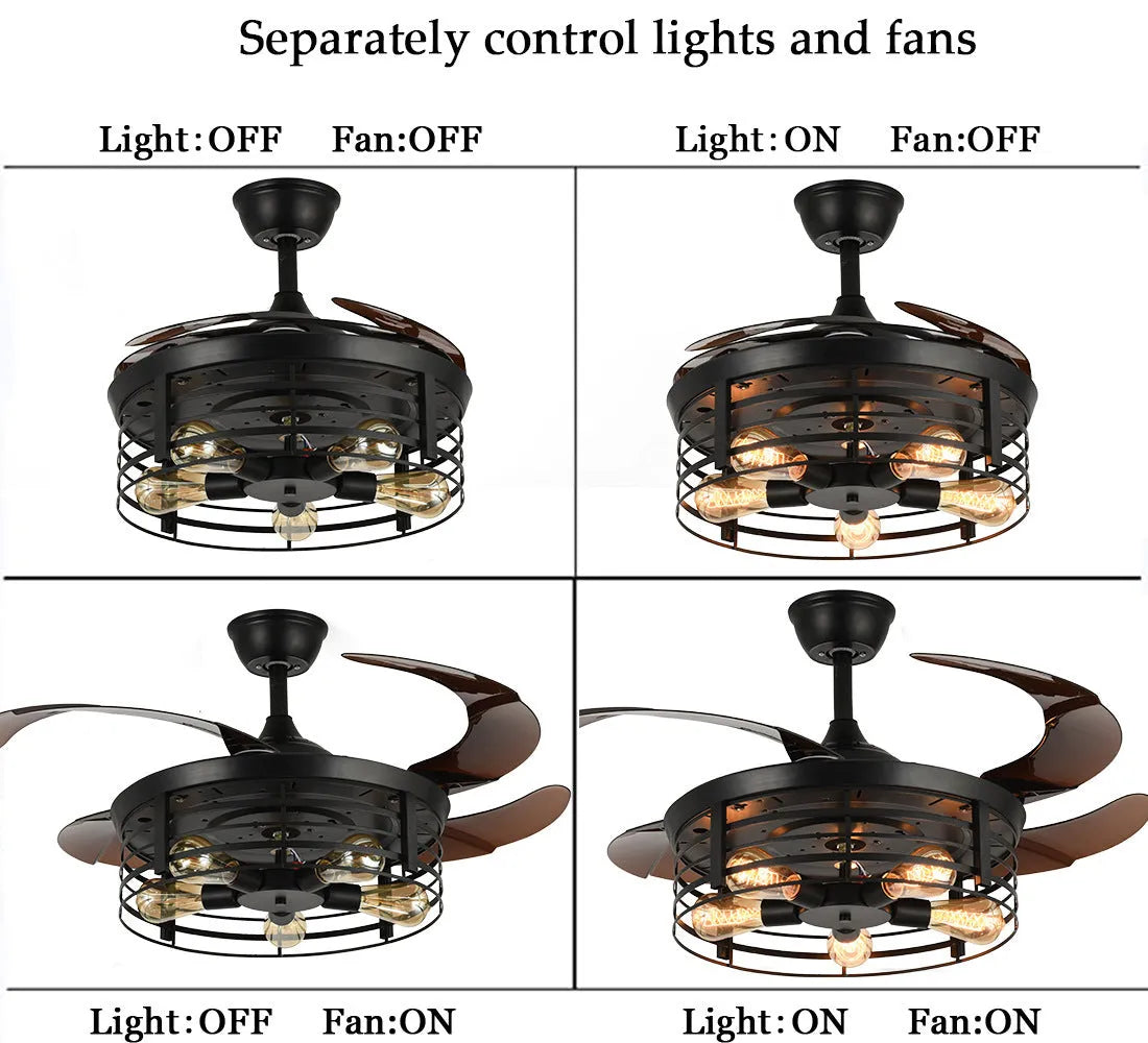 Industrial Wind American retro style ceiling fan lamp with acrylic blades and integrated light shade, remote control on side.