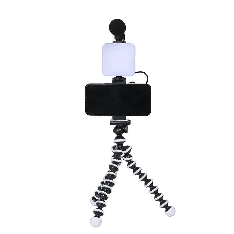 LED mini square pocket light tripod flash unit showing compact 7.3x2.8x8.4 cm dimensions and multiple attachment configurations
