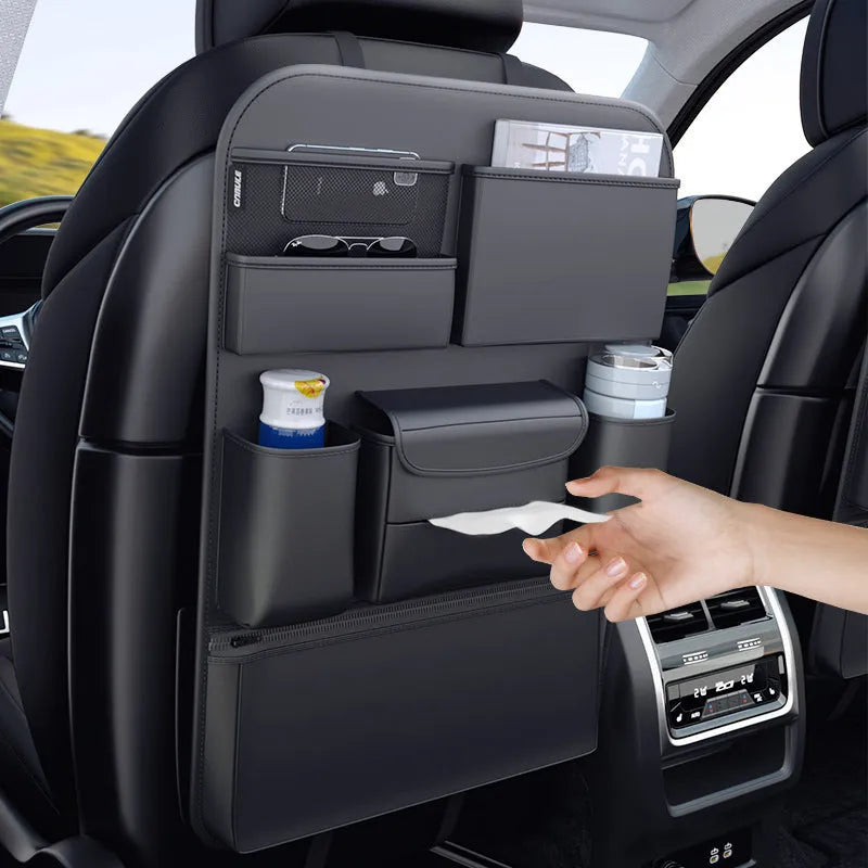 Black genuine leather car seat back hanging storage bag with a carry handle.