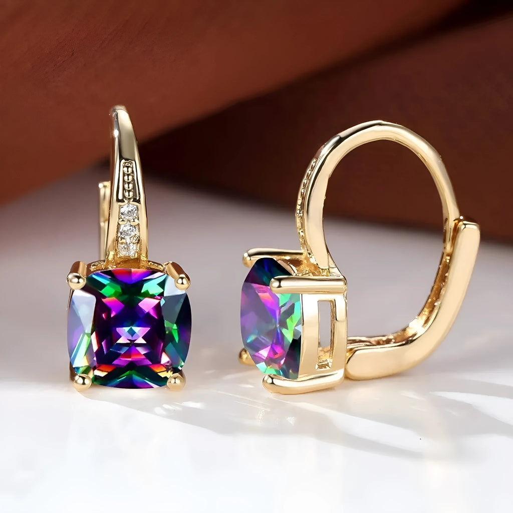Square geometric gold ear clip with colourful moissanite stone inlay.