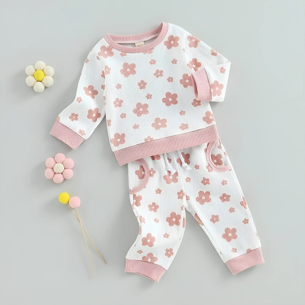 Children's cotton flower print sweater suit set with top and trousers in beige, camel, white, and milky white colours