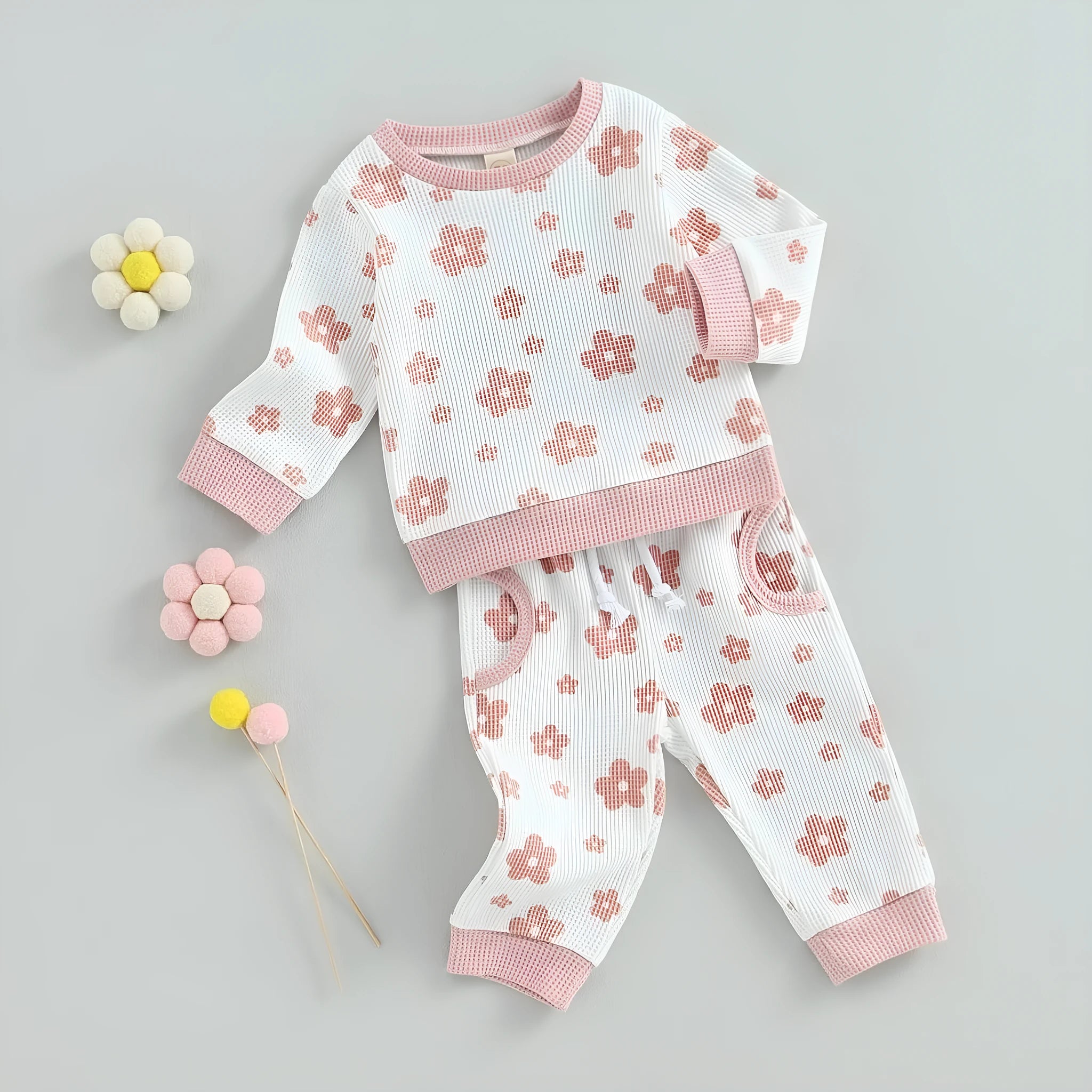 Children's cotton flower print sweater suit set with top and trousers in beige, camel, white, and milky white colours