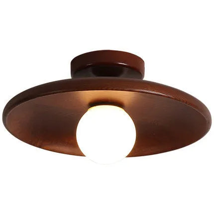 Minimalist solid wood and glass ceiling lamp in walnut colour, 28cm diameter.