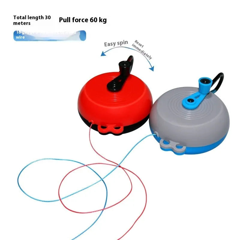 Fishing bait lifter with 7.5cm wheel, 30m PE braided line and stainless steel components in blue grey