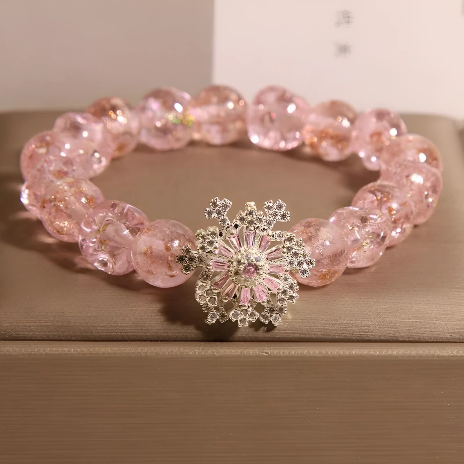 Pink colored glaze special-shaped bead bracelet with micro-inlaid snowflake design for women