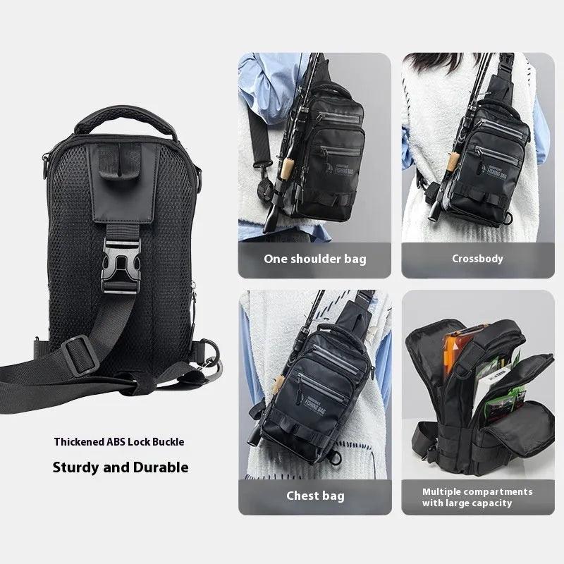 Men's canvas and PVC outdoor fishing backpack with single shoulder strap, 18x9x31cm size for bait storage