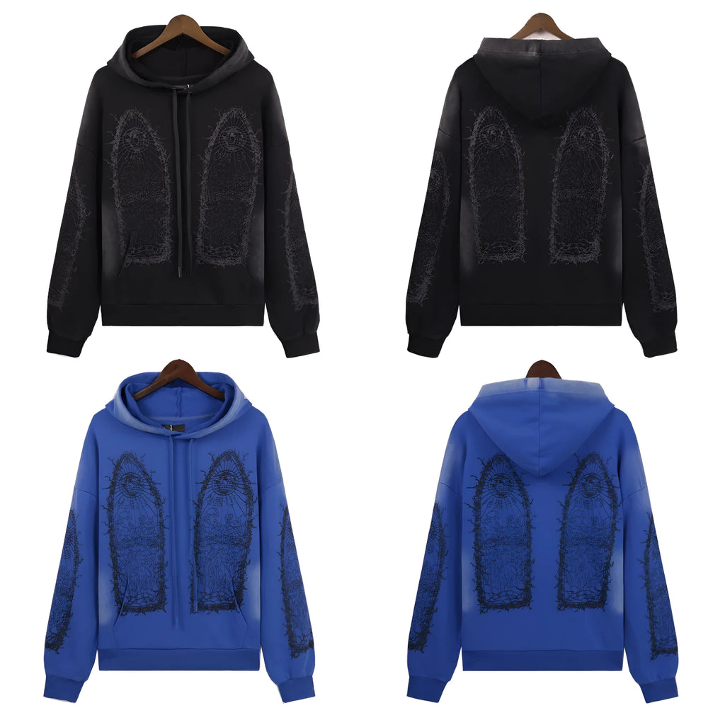 Mens washed distressed cotton terry sweatshirt with heavy-duty classic print and 3D patch pocket in black