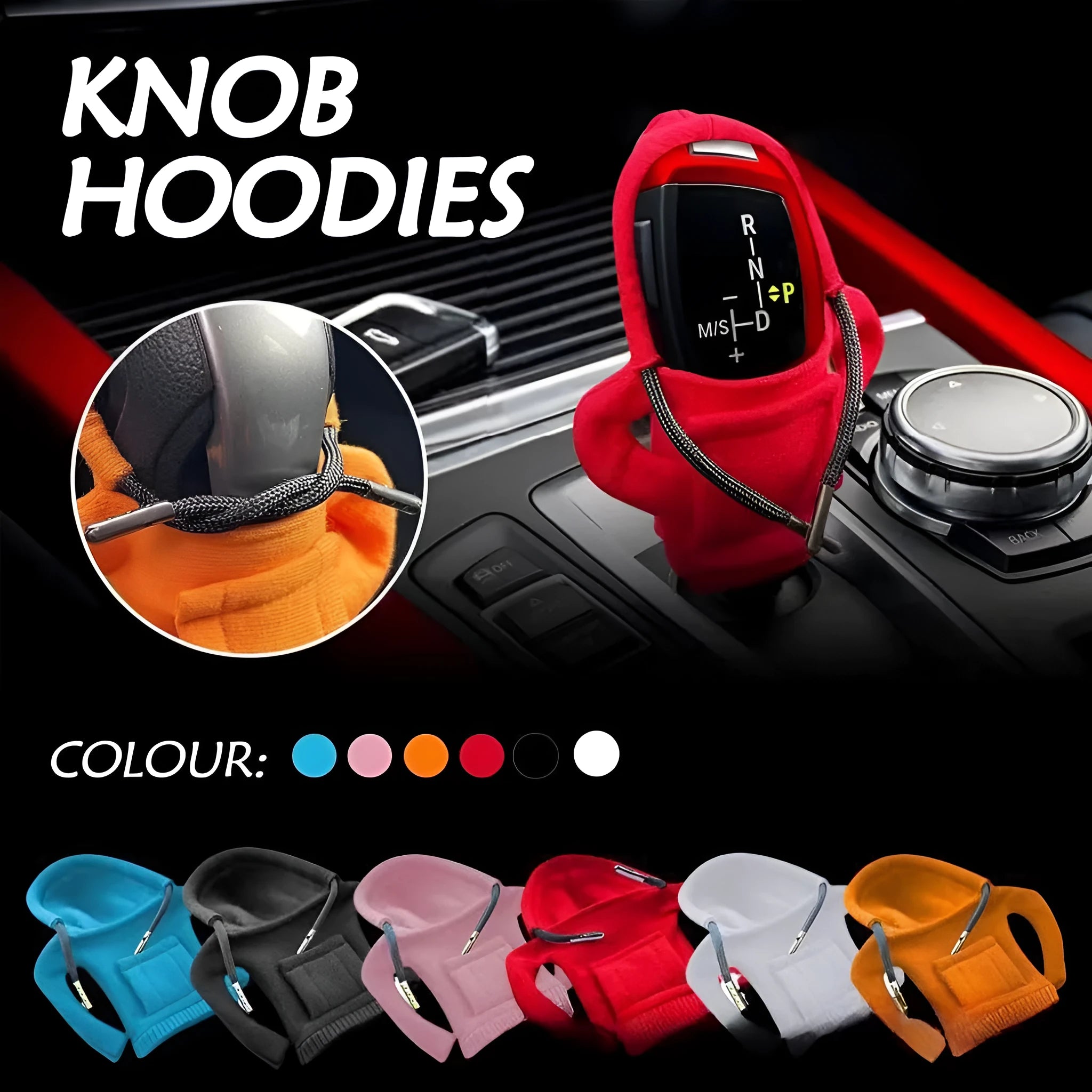 Dutch velvet car gear handle sleeve and handbrake cover in various colours on a car interior.