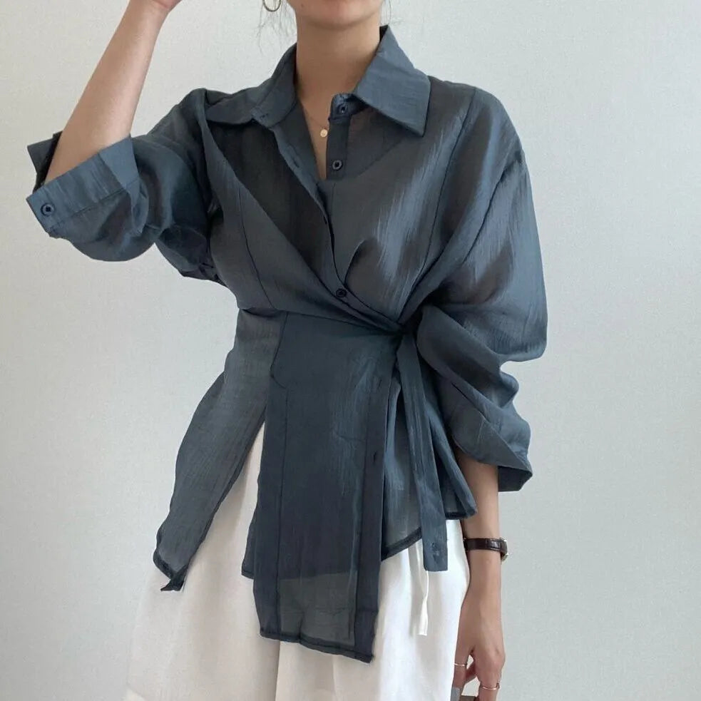 Irregular buckle lapel long sleeve shirt in smoky gray or white, thin polyester top, 50cm length, sizes S to XL