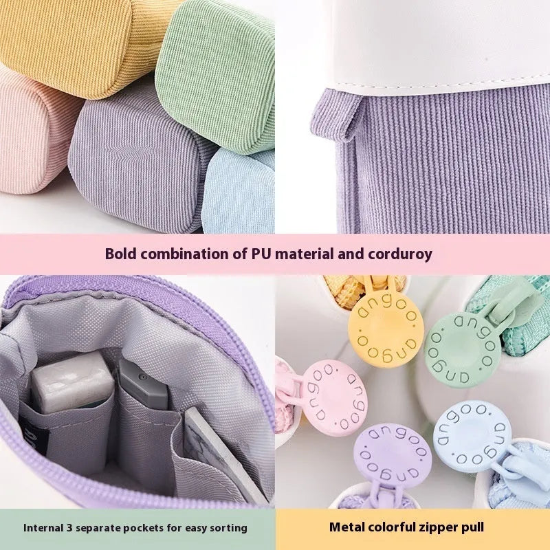 Korean style telescopic drop-down stationery case in purple PU corduroy.