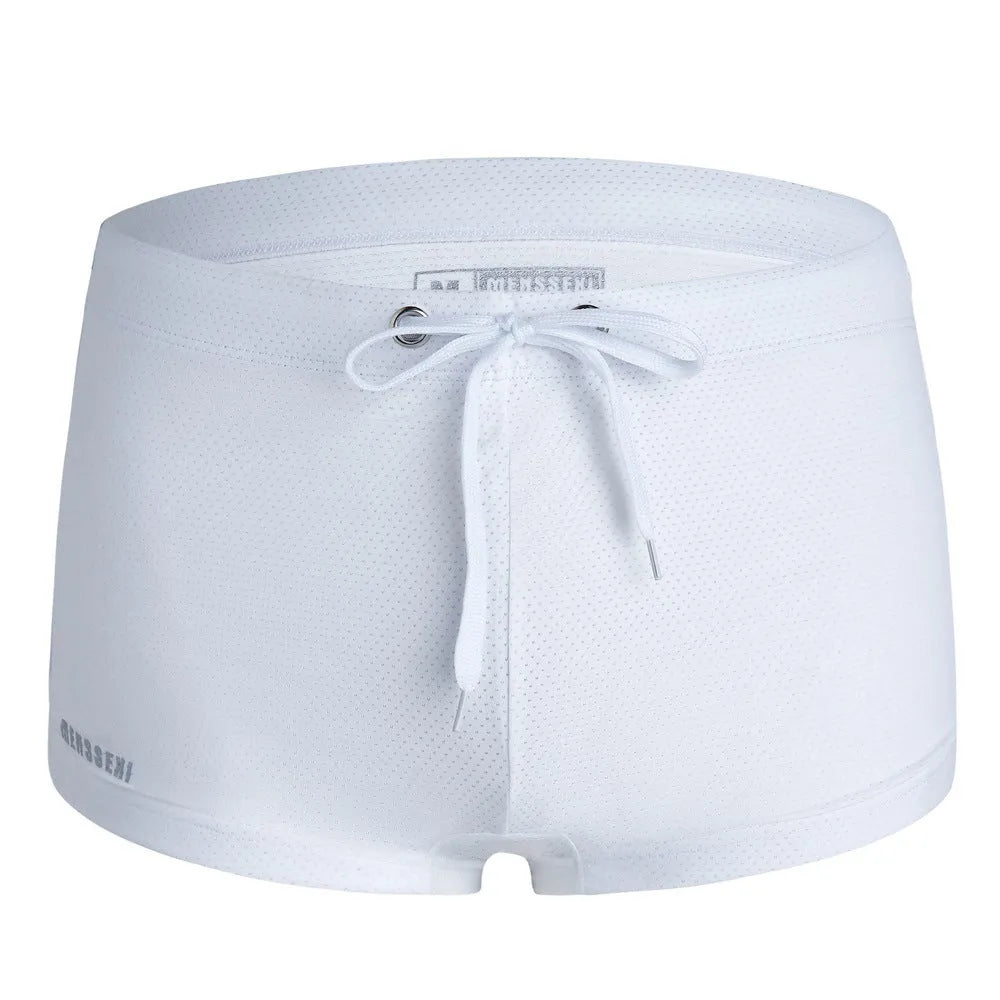 Men's low waist lace nylon boxer swimming trunks in multiple colours on a white background