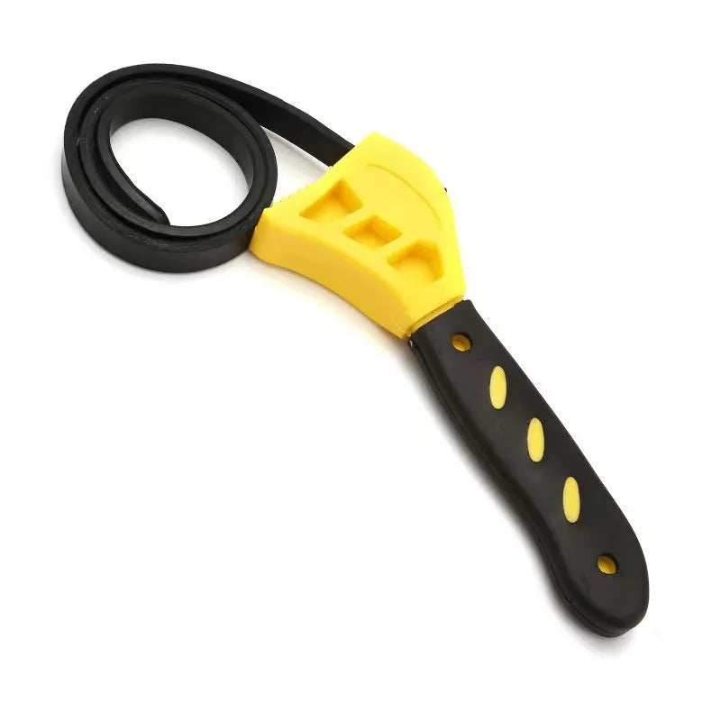 Adjustable rubber strap wrench tool with plastic rubber strap and phosphating finish for filter and plumbing use.