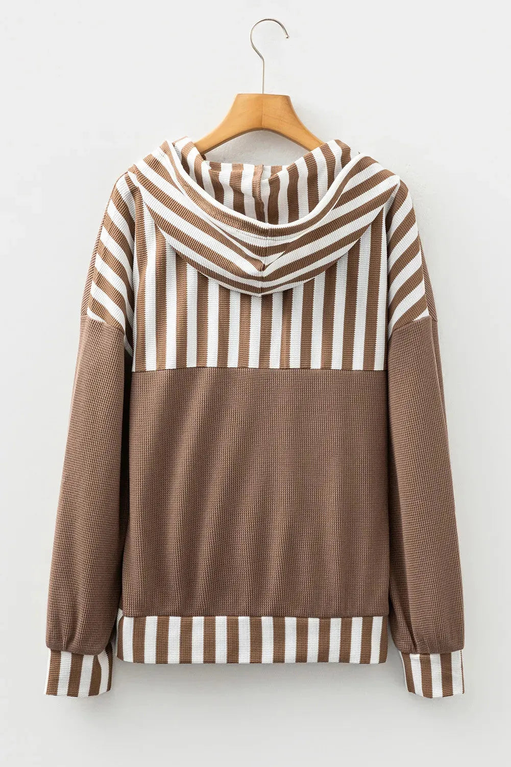 Straw yellow women's hoodie with waffle texture, patchwork stripes, button neck, and drawstring hood.