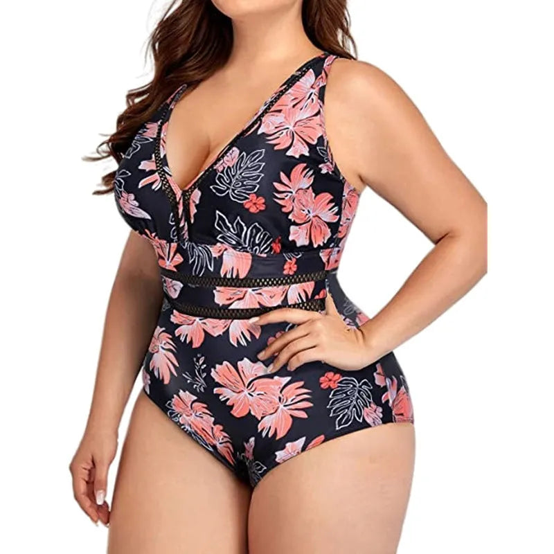 Black plus size women's bikini swimsuit with mesh stitching print, sizes S to 5XL