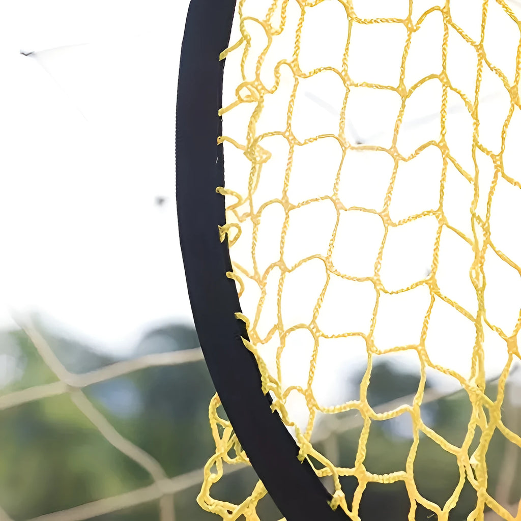 Portable black and yellow football training goal net with four target zones for shooting practice.