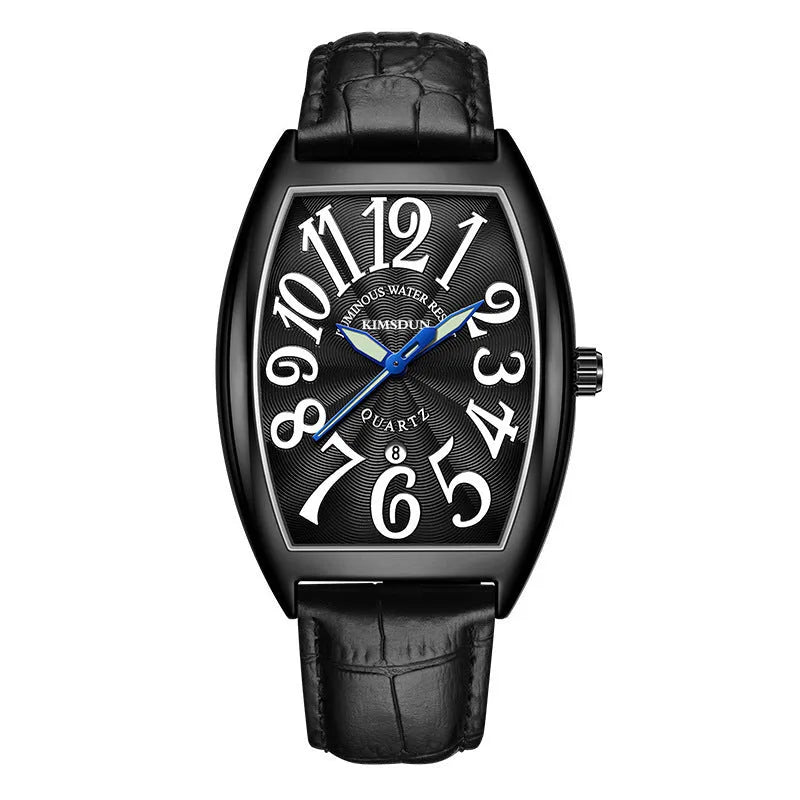 Jinshidun men's retro quartz watch with luminous dial, silver case, white face, black markings, and black leather strap